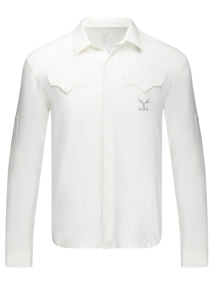 Virtus Renegade woven utility shirt in bright white — lightweight polyester mid-layer