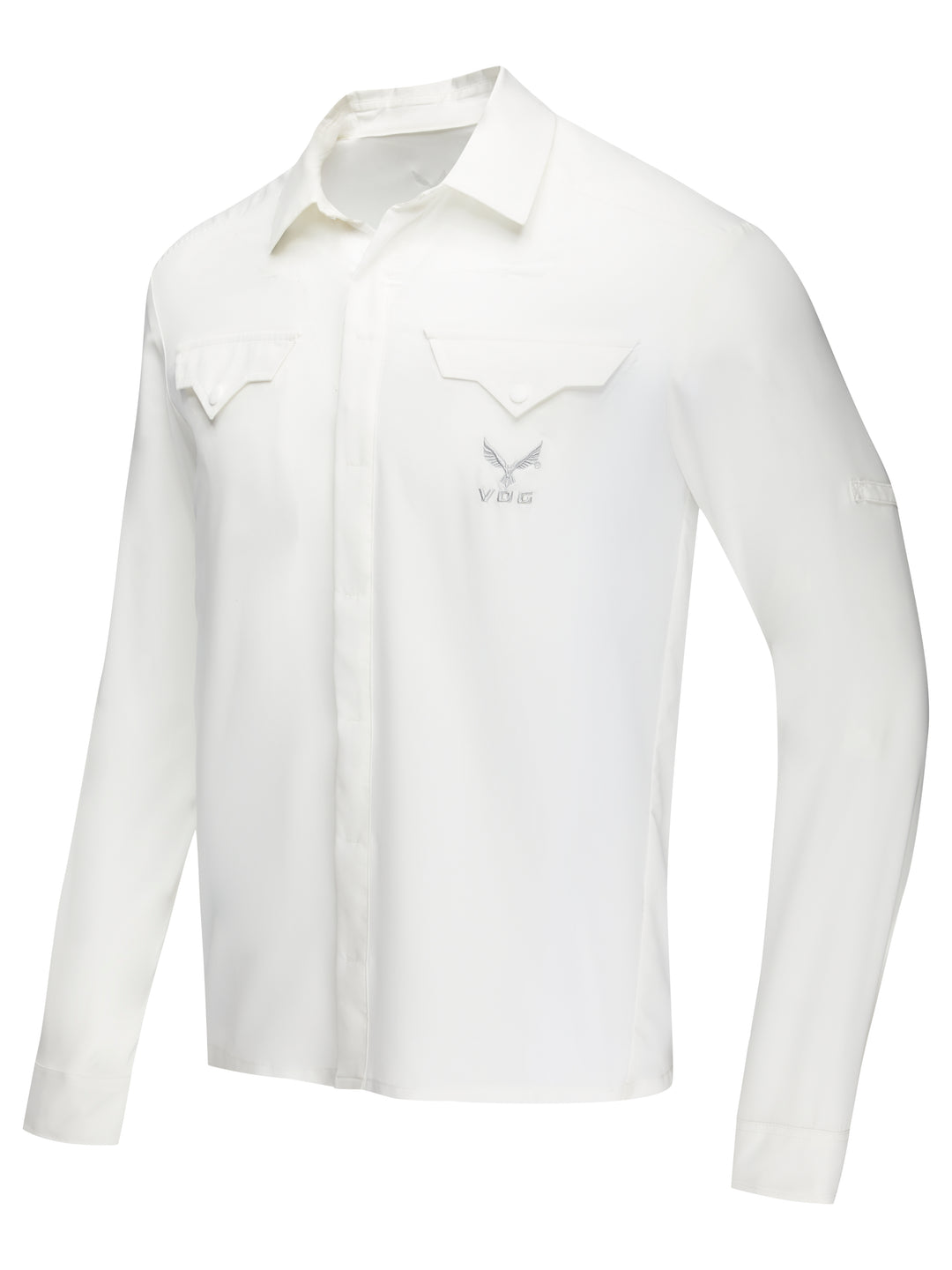 Virtus Renegade woven utility shirt in bright white — snap button and sleeve roll detail