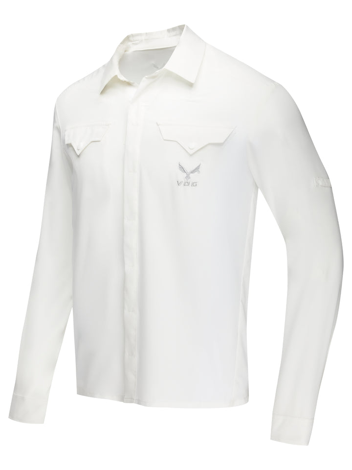 Virtus Renegade woven utility shirt in bright white — snap button and sleeve roll detail