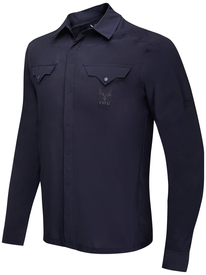 Virtus Renegade woven utility shirt in dark navy — snap button and sleeve roll detail